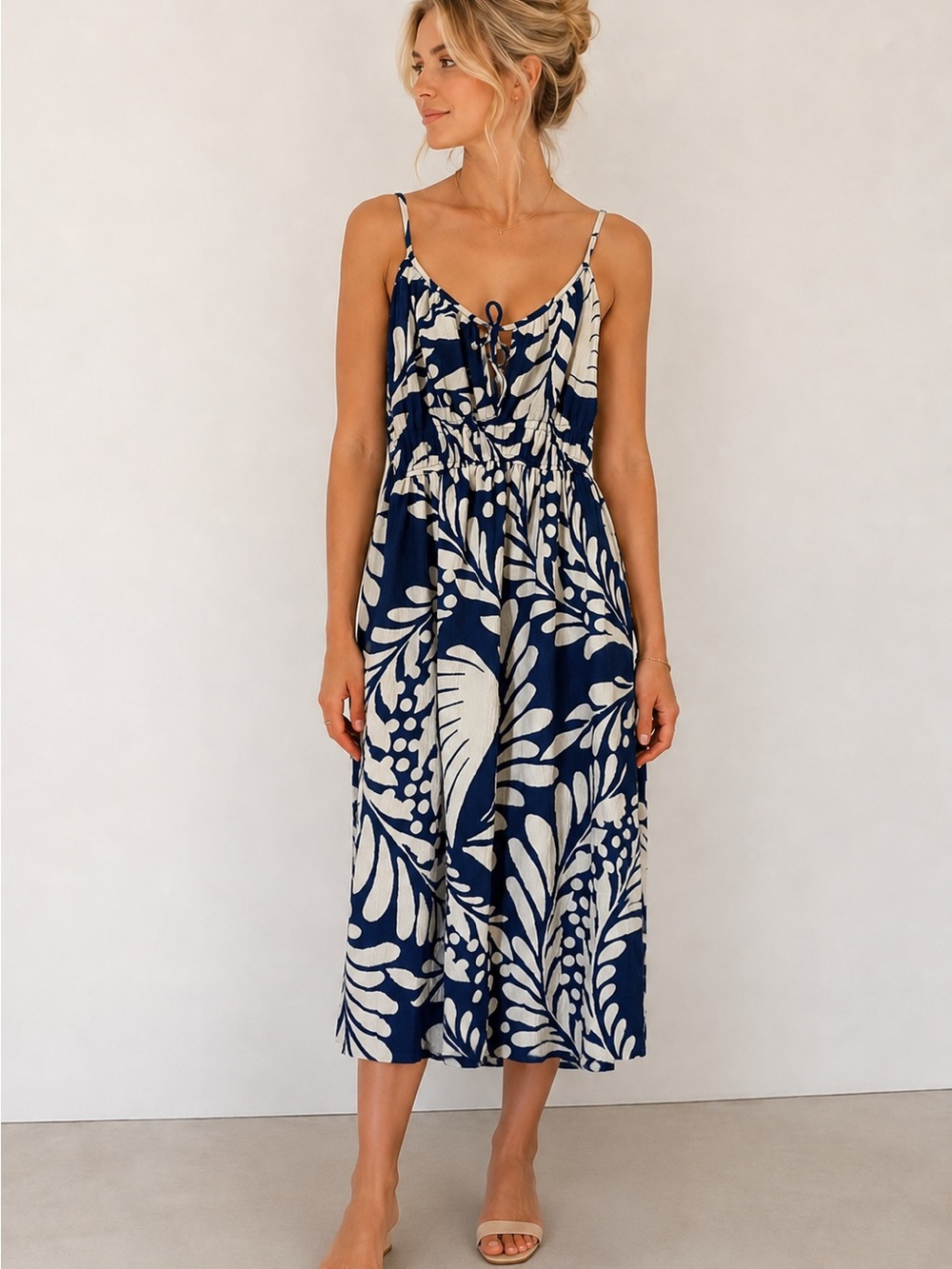 H&M Navy and Cream Botanical Print Midi Dress